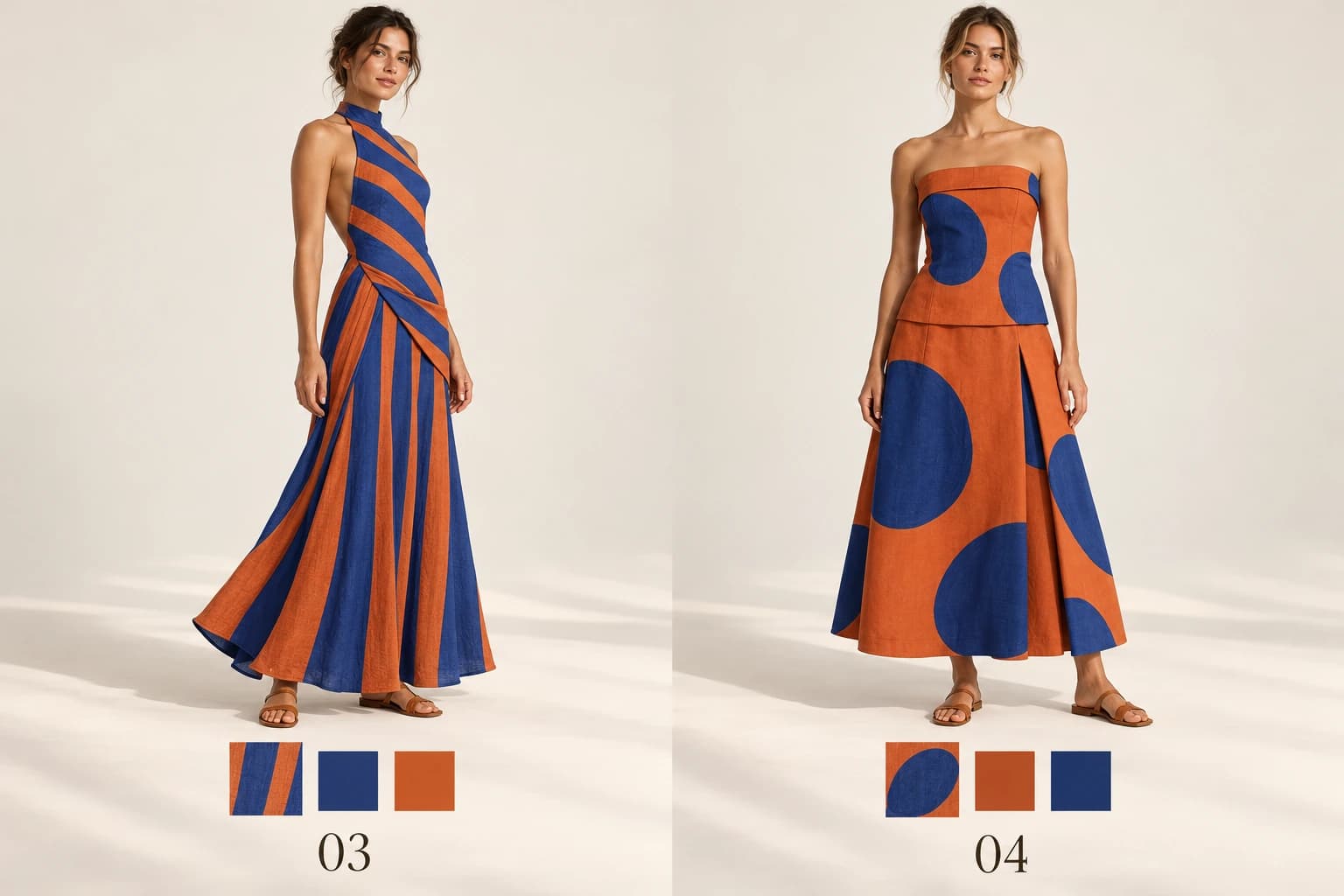 Propostas 03 e 04: vestido às riscas e conjunto de poá em azul e laranja