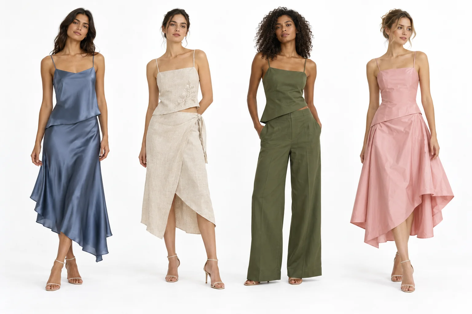 Quatro propostas com tecidos variados: cetim azul fluido, linho cru bordado, algodão verde-musgo com calça larga e tafetá rosa